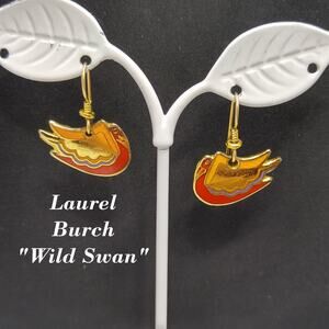Laurel Burch "Wild Swan" Bird Earrings, Gold Plated, Enamel Cloisonne, 1980s